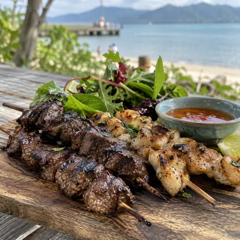 カンガルーとワニ肉の串焼き