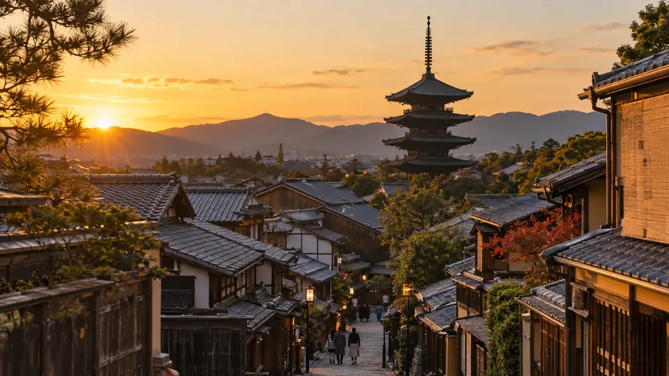 京都の古都の街並みと五重塔