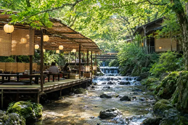 貴船の川床と新緑