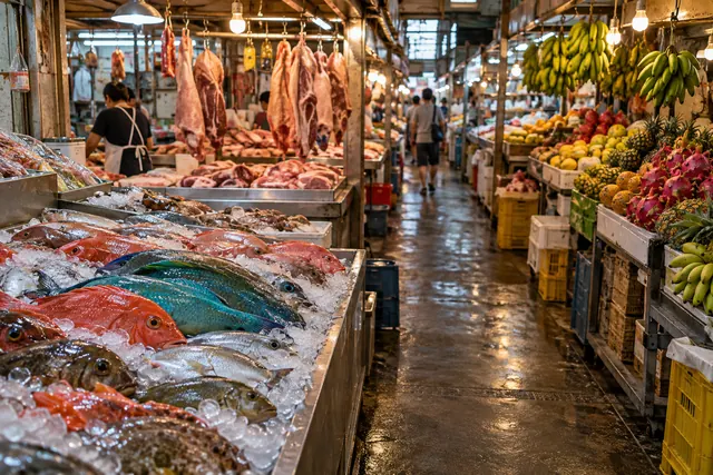 牧志公設市場の鮮魚と島豚の並ぶ店先