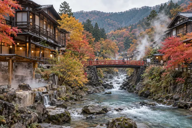 渓谷沿いの温泉街と紅葉