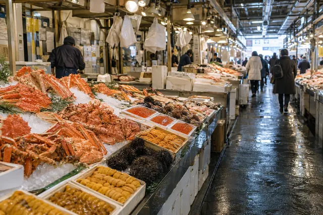 新鮮な魚介が並ぶ二条市場の店先